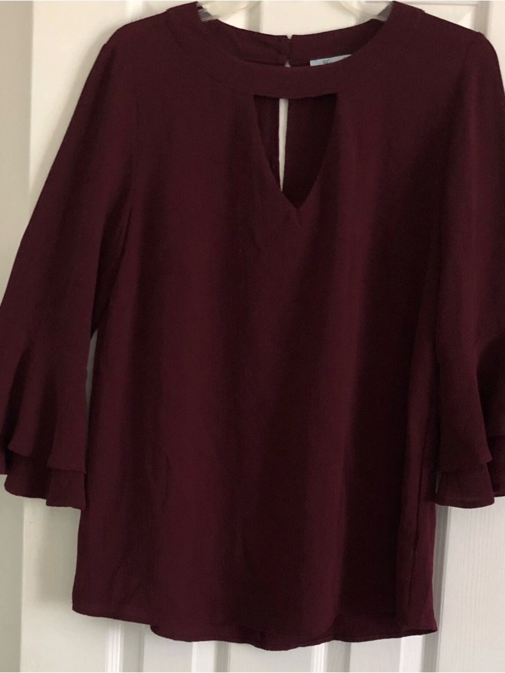 She Sky Women's Burgundy Keyhole Ruffle Double Bell Sleeve Top 1X